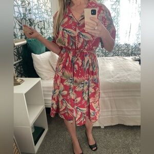 Sag Harbor Red Tropical 80s Vintage  Midi Dress button down Large
